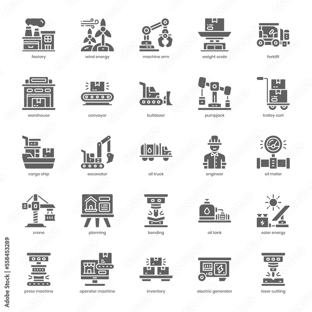 Industry icon pack for your website design, logo, app, and user interface. Industry icon glyph design. Vector graphics illustration and editable stroke.