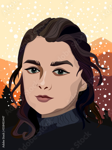 Portrait of a serious fantasy brunette girl against the backdrop of sunset.