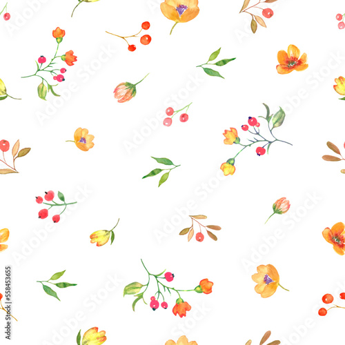 Watercolor seamless pattern with abstract yellow flowers, berries. Hand drawn floral illustration isolated on white background. Vector EPS.