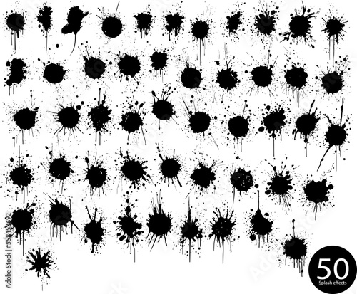 Set of ink drops and splatter vector paint  black liquid splash effects  grunge texture suitable for latest collections.