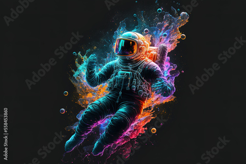 The astronaut floats in colors, in the dark. photo