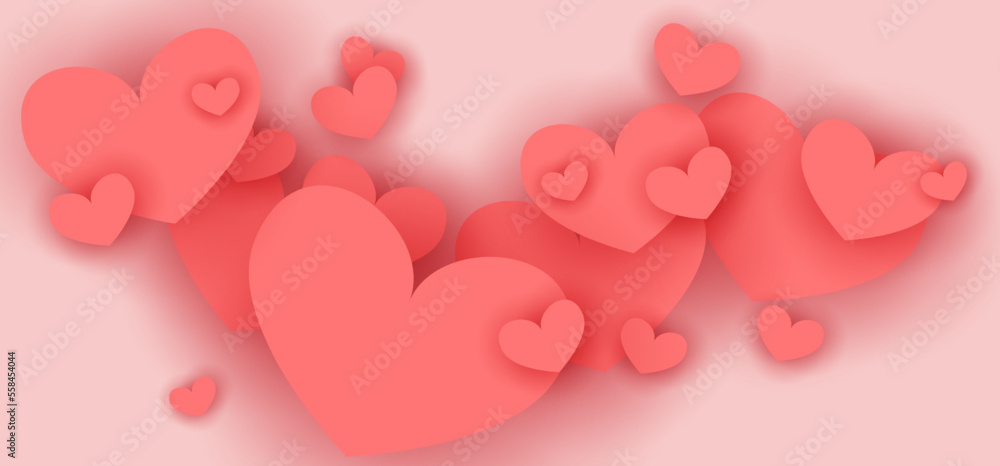 Happy Valentine day celebration card template. Paper cut 3d cute hearts background vector illustration