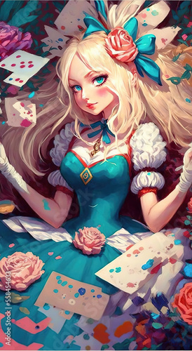 a cool alice in wonderland illustration with a lot of cards and roses around her, generative ai technology
