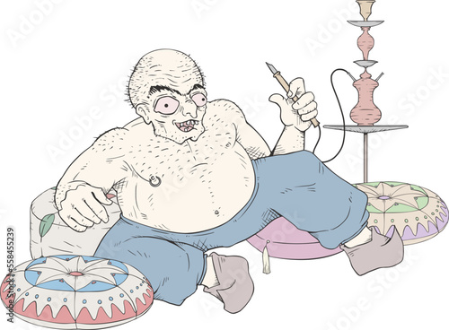 Funny character smoking in hookah