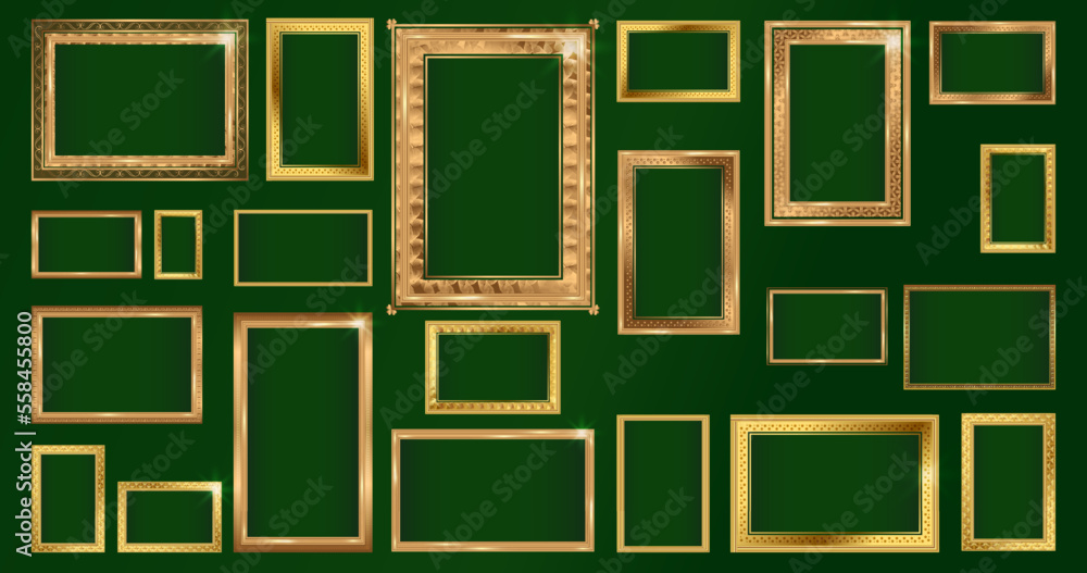 Empty painting or picture frame with golden engraved and carved Thai wooden borders.  Set of decorative retro ornamental detailed picture frames. Old classic vector baroque golden frames collection. - obrazy, fototapety, plakaty 