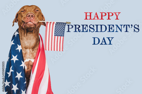 Lovable, charming puppy, American Flag and Happy Presidents' Day lettering. Closeup, indoors. Studio shot. Congratulations for family, loved ones, relatives, friends and colleagues. Pet care concept