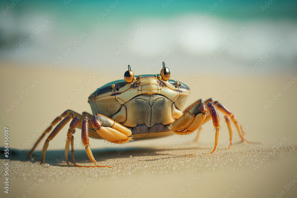 Close up of a fiddler crab against a backdrop of the open seas. Generative AI