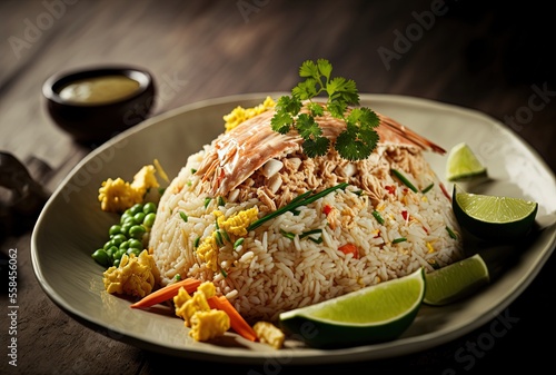 illustration of close up traditional Thai cuisine dish, crab meat fired rice