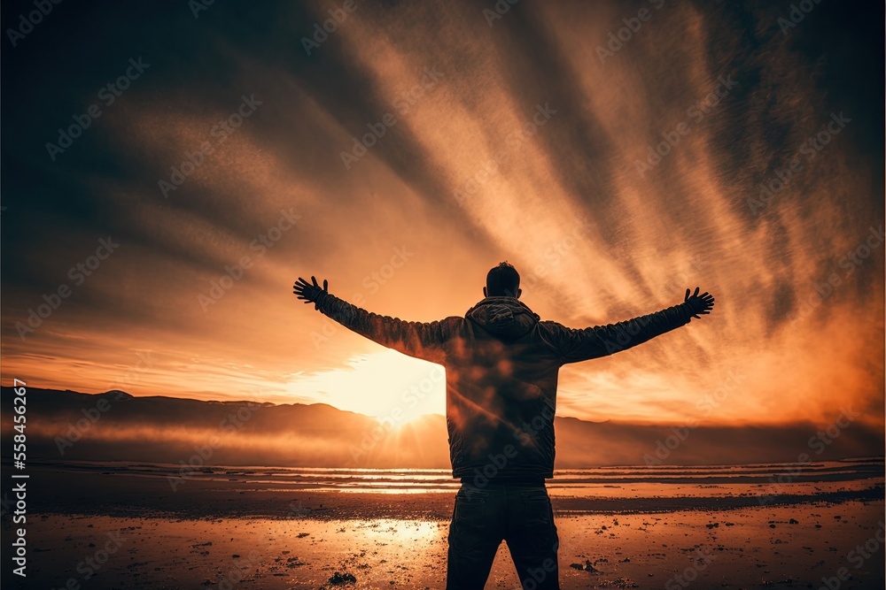 Fototapeta premium Grateful Person facing sunset