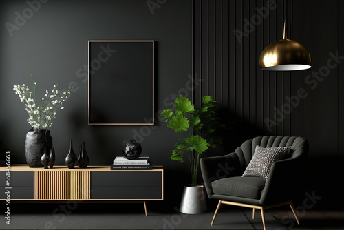 Modern luxury living room interior background, living room interior mockup, interior with black walls, dark interior of living room with black wall, chair, and wooden console,. Generative AI photo