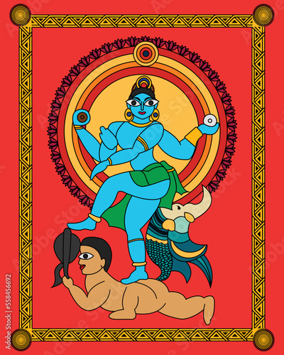 The god shiva also known as Nataraja murti in Kalighat art and Madhubani painting. Modern painting, art, illustration, vector.