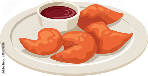 Chicken nuggets plate with red sauce. Fast food cartoon icon