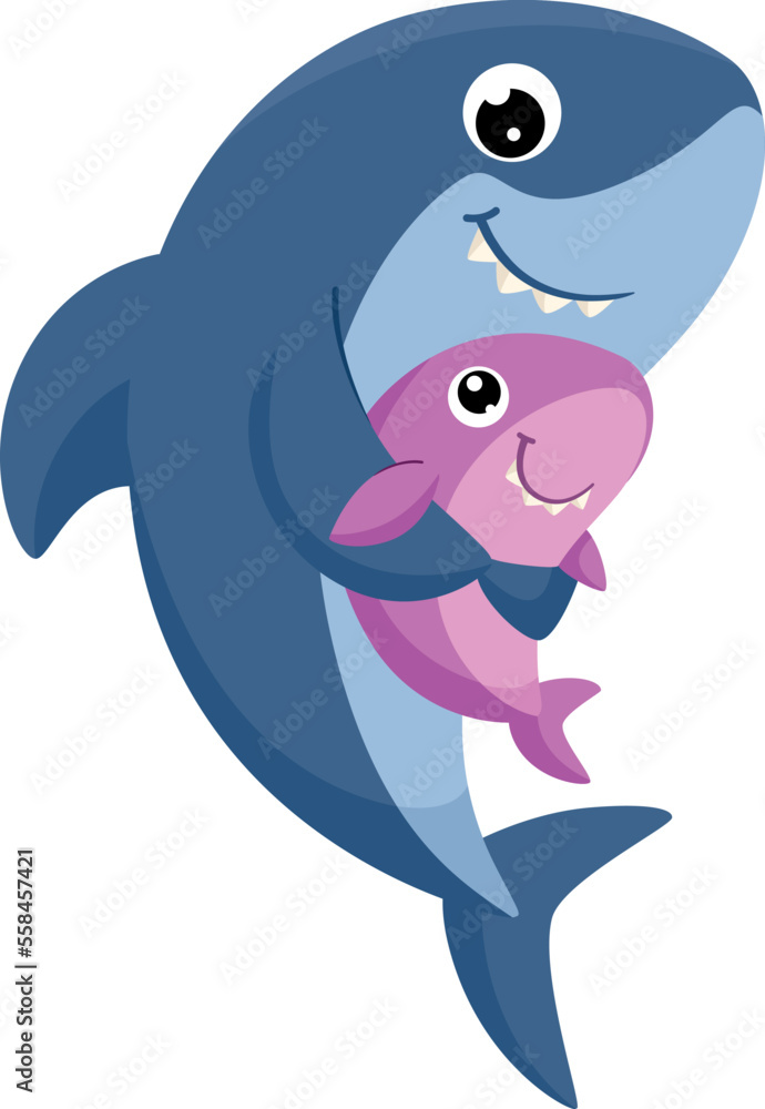 Fototapeta premium Happy shark with baby. Cute cartoon sea animal