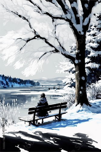 a lonely person sitting alone on a bench in winter next to snow, big tree, generative ai technology
