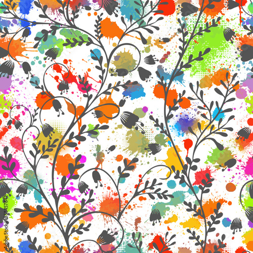 Seamless pattern of tree leaves , flowers and blots. Vector illustration