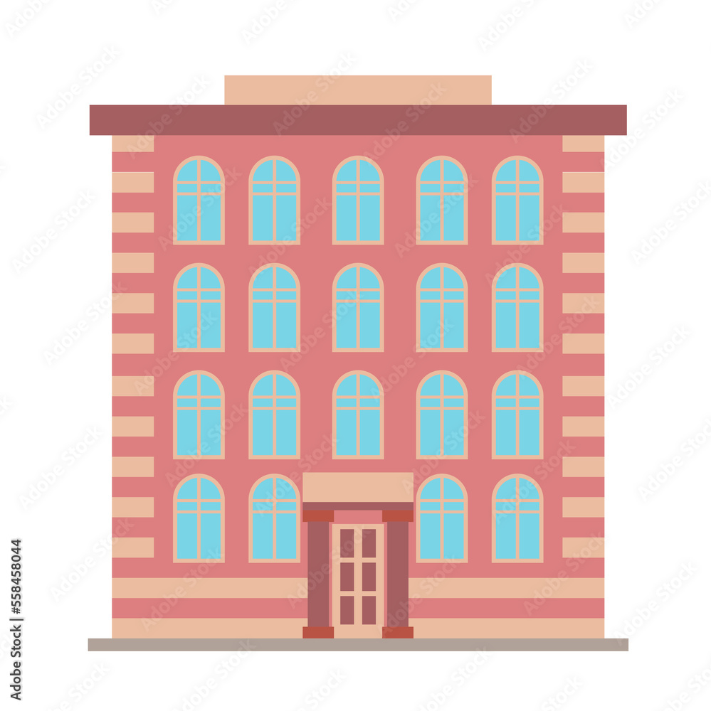 Building exterior with windows and door entrance on street for cityscape. Illustration isolated design