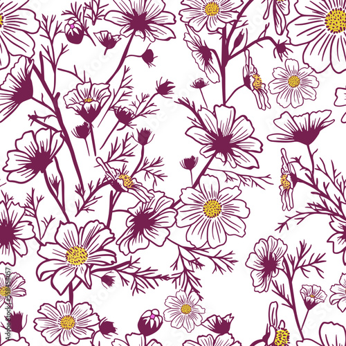 Vintage floral on a white background. Seamless pattern pink flowers. Vector illustration