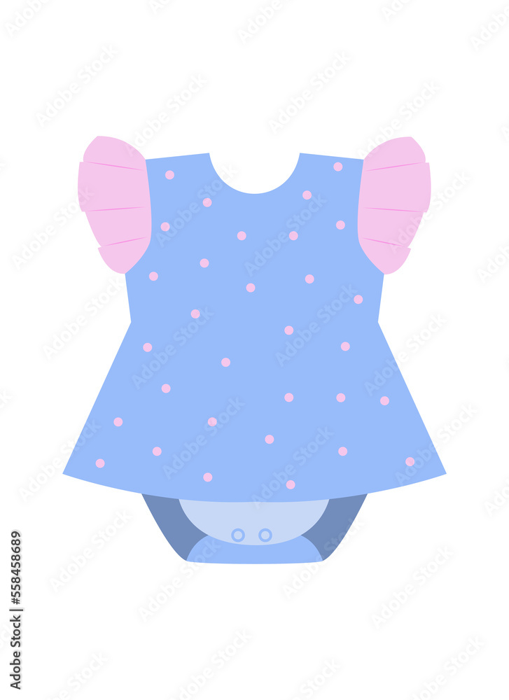Blue bodysuit with pink polka dots for baby girl. Clothing for infant kids. Illustration isolated design
