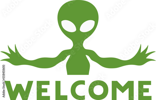 Green alien and welcome message
