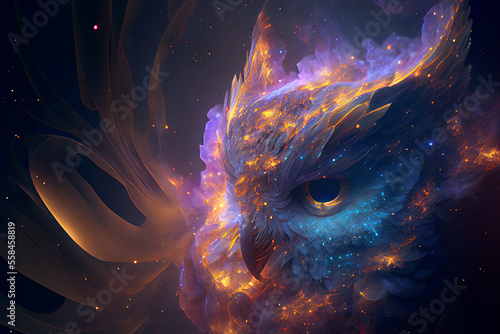 Fantasy owl at universe with the sky full of stars and aurora. Beautiful volumetric lights and atmosphere. Digitally generated AI image