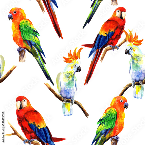  Watercolor parrots in a seamless pattern. Can be used as fabric, wallpaper, wrap.