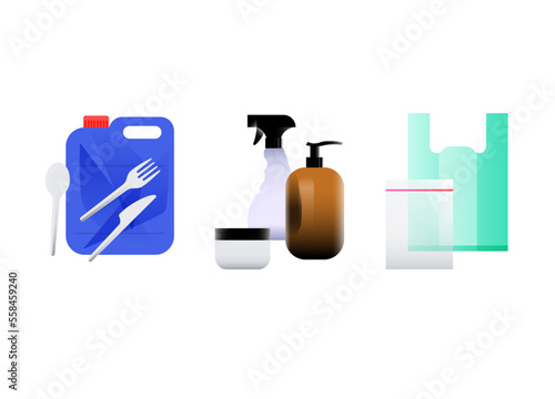 Common plastic waste items. Zip bag, care product bottles, canister and eating utensils. Vector illustration, flat style, isolated on white