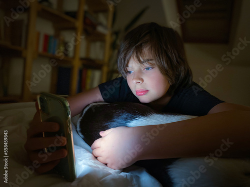 Boy with looking at smart phone lying of the bed in the room with his dog. Copy space, miejsce na tekst, chlopiec ze smartfonem i psem. photo