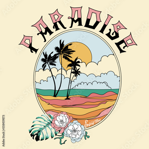 Paradise tropical beach women's graphic tee, Palm tree island print design for t shirt print, poster, sticker, background and other uses. Beach vibes with surfing board vintage print design.