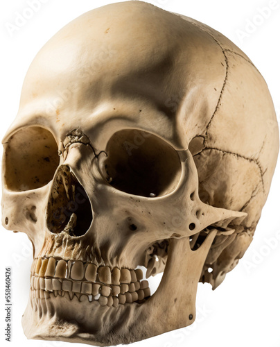 Human anatomical skull bone isolated on transparent background. Generative AI.
