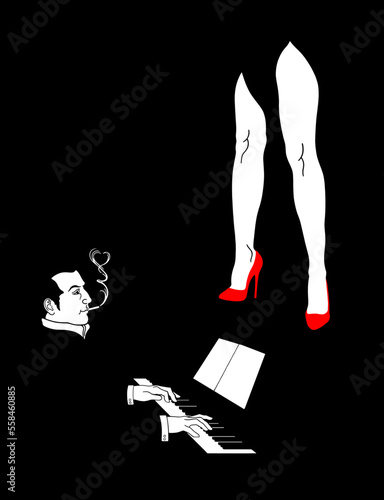 A pianist and a woman. Drawing on a black background.	