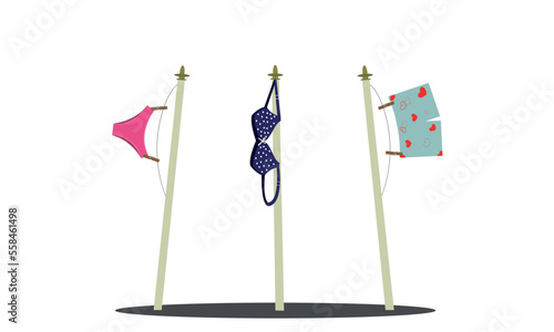 Illustration of underwear hung on flagpoles. Changed. Vector illustration.