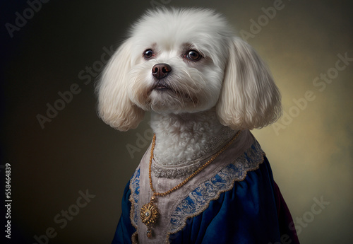 An elegantly dressed dog in 18th century attire posing in a formal portrait