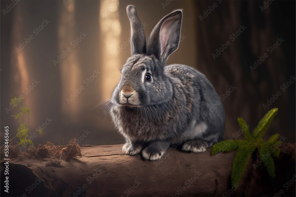 beautiful baby bunny, woods in the background, forest, generative ai