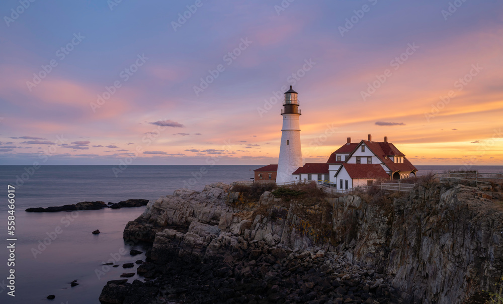 Portland Head Lighthouse with great sunset.