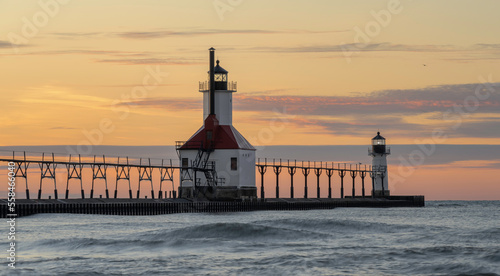 St. Joseph Lighthouse Lake Michigan at sunset.