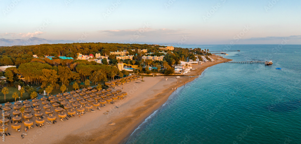Aerial view of umbrellas, palms on the sandy beach, people, blue sea with waves at sunset. Summer holiday. Tropical landscape with palm trees, parasols, white sand, ocean.