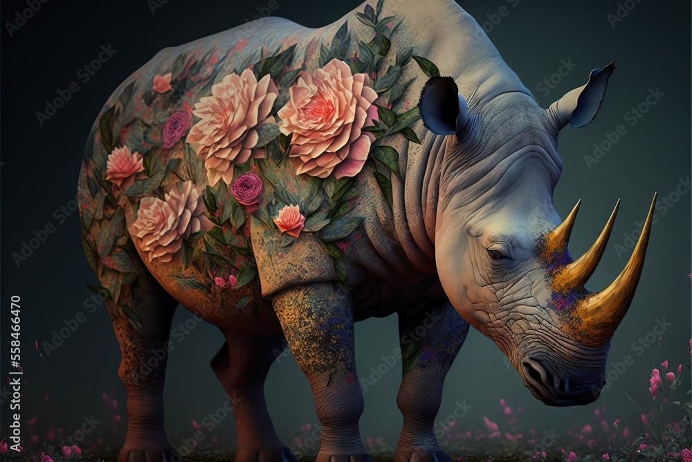 Fototapeta premium a painting of a rhino with flowers on it's body and a rhino horn in the foreground, with a dark background of pink flowers and green leaves and pink flowers on the rhino. Generative AI