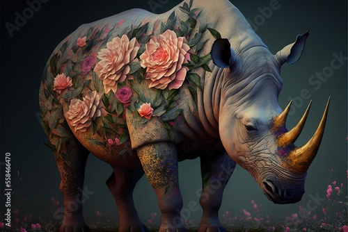  a painting of a rhino with flowers on it s body and a rhino horn in the foreground  with a dark background of pink flowers and green leaves and pink flowers on the rhino. Generative AI