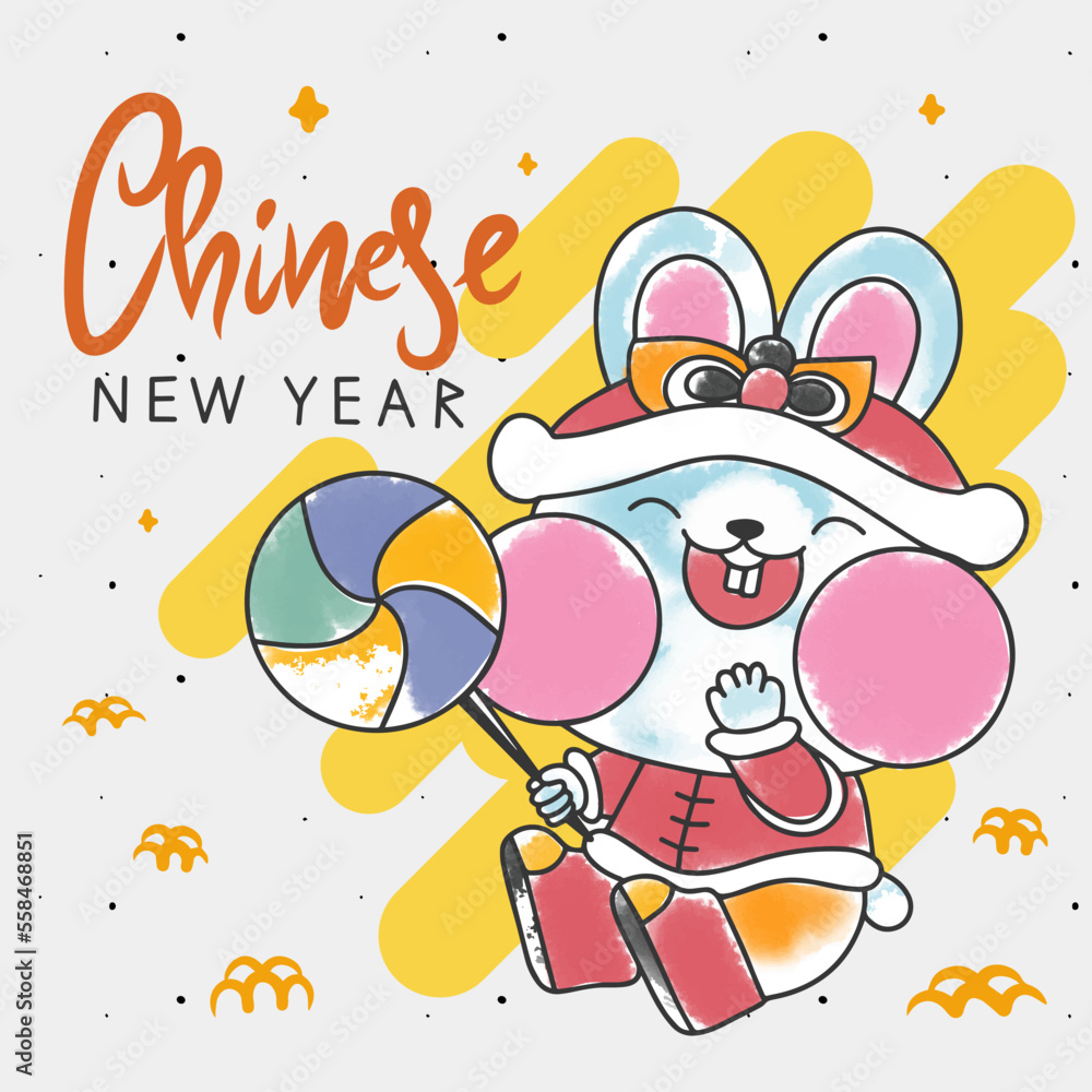 Naklejka premium Chinese new year, cute rabbit smiling, greeting card on white background