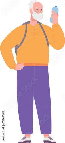 Hiking old man with water bottle and backpack. Senior traveler