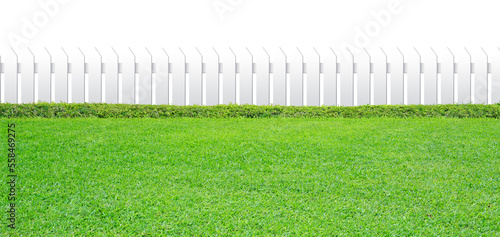 White fence and green grass on transparent background. PNG file.