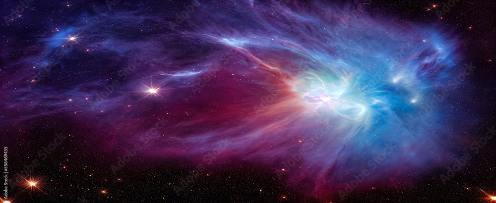 Nebula and stars in night sky. Panoramic Space background.