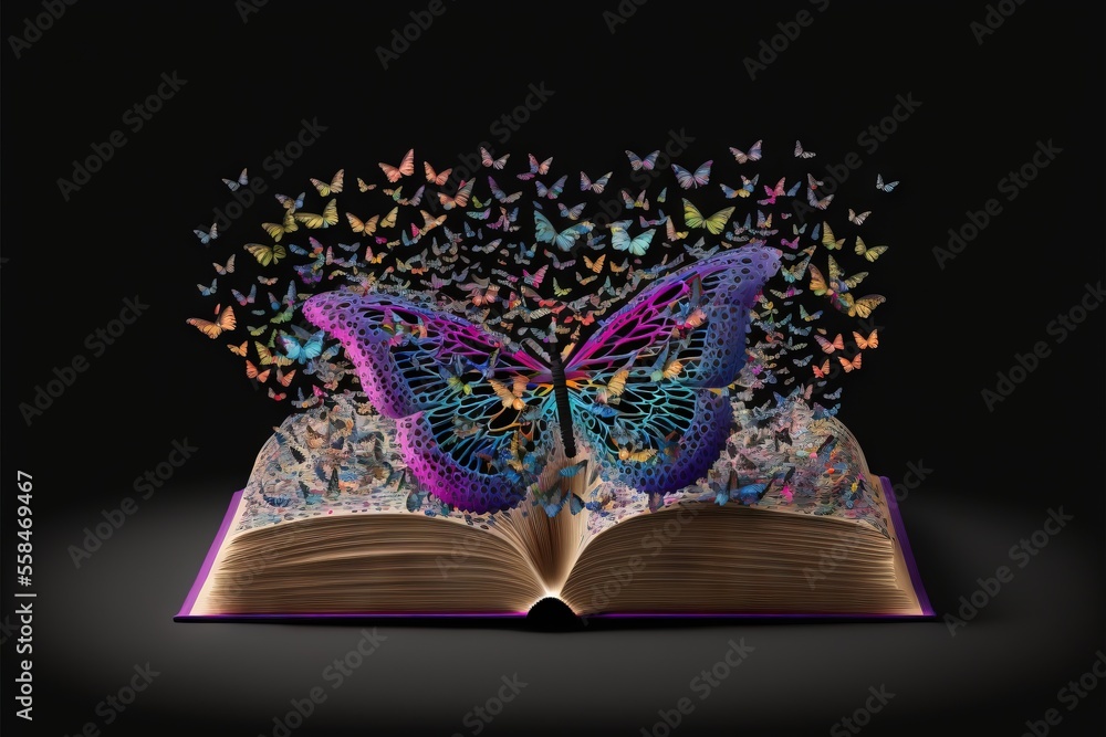 an open book with butterflies flying out of the pages on a black ...
