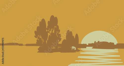 decorative composition in golden tones depicting a wide river, dawn and a small island with a tourist house