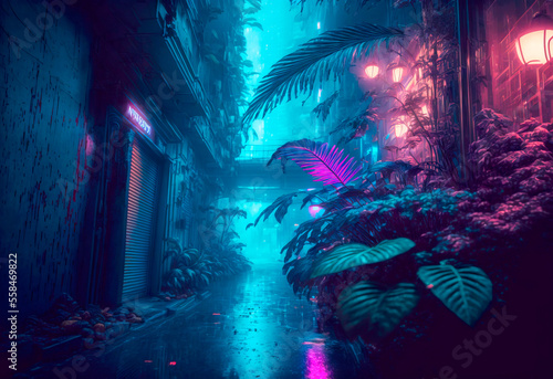 Photorealistic Generative AI illustration of a Rainy foggy night on a street of a cyberpunk city. Tropical vegetation near old buildings. Wet asphalt reflecting glowing neon lights. Gloomy urban scene © Valeriy
