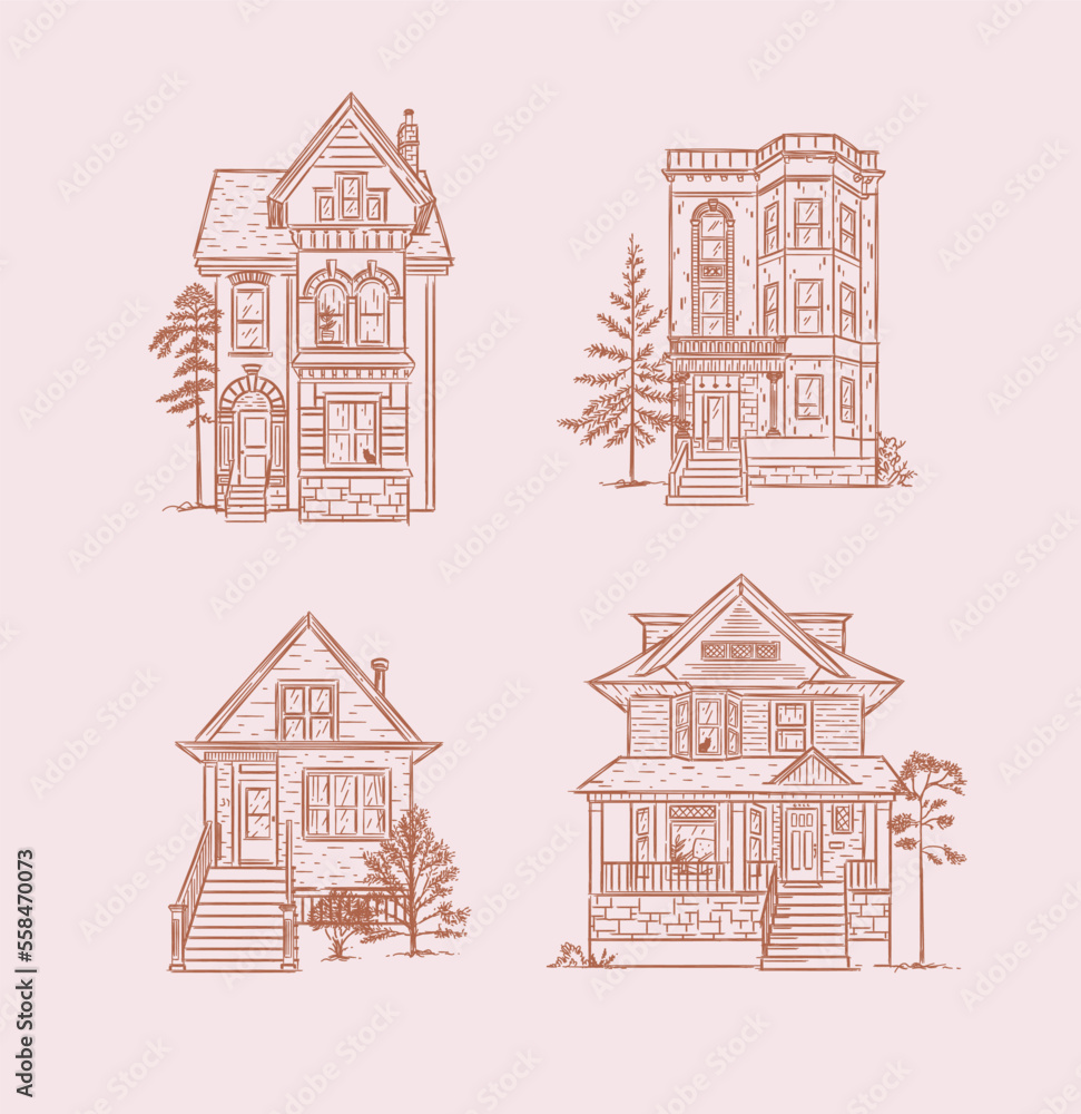 Fototapeta premium Victorian houses drawing in old fashioned vintage style on pink background.
