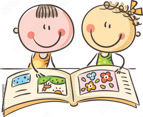 Happy doodle kids reading a book together at the table