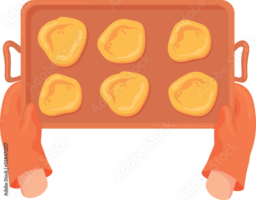 Baking tray with raw cookies in oven mitt hands