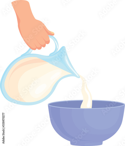 Milk pouring in bowl. Cooking process cartoon icon