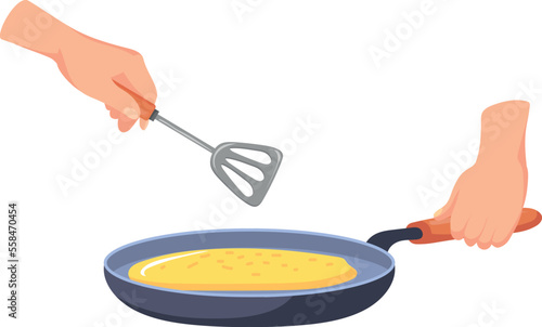 Cooking meal on frying pan. Cartoon food icon